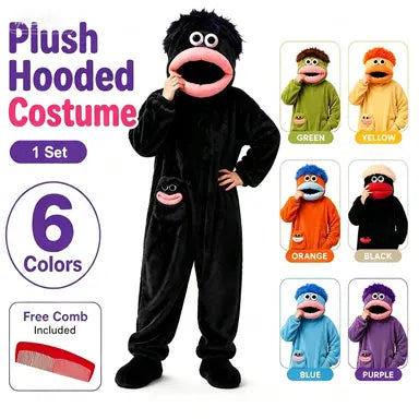 Black Big Mouth Character Onesie for Adults, One-Piece Pajama Costume with Cream Shaggy Hair, Bright Red Fabric Lips, Rounded Sleeve Ends and Matching Face Pocket for Halloween, Sleepovers and Funny Photos
