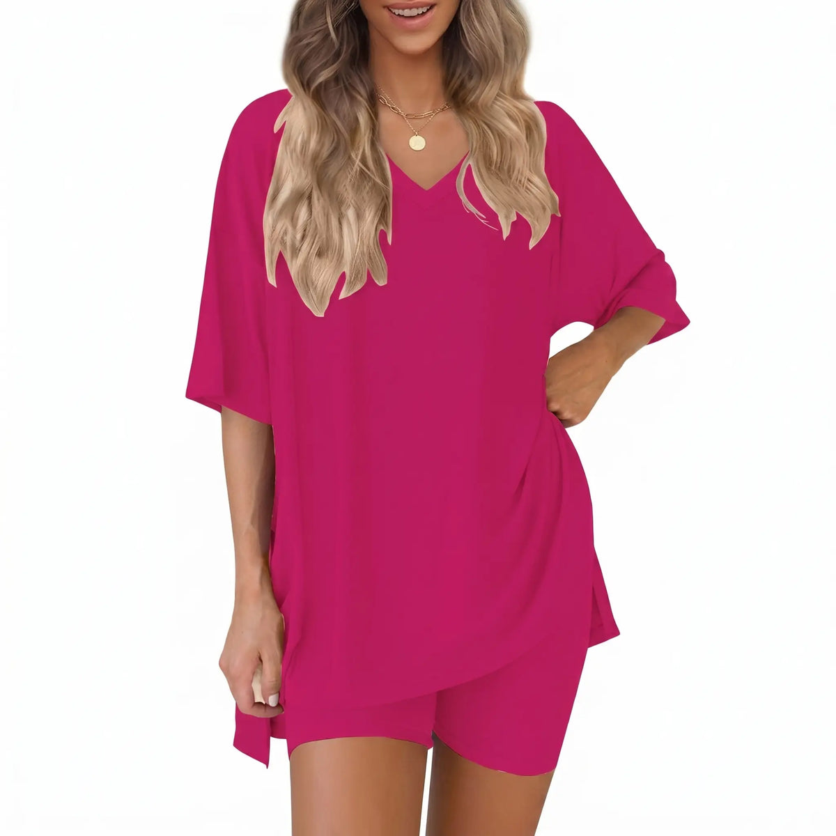 Women's 2-Piece Casual Loungewear Set: Summer Loose-fitting V-neck Short-sleeved Slit Top and High-waisted Shorts Sports Set