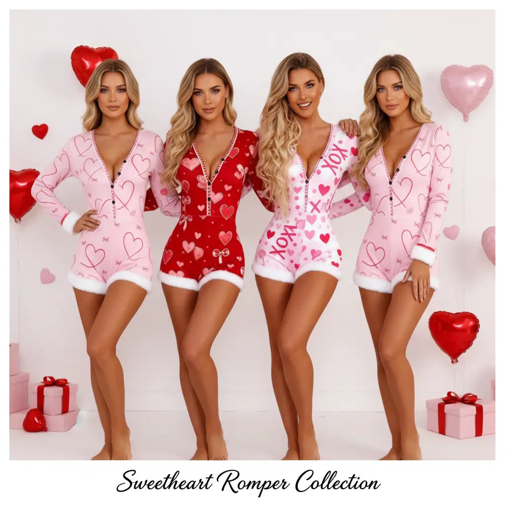 Women's Valentine's Heart Print Romper, Long-Sleeve Button-Front Bodysuit with Faux Fur Trim, Romantic Festive Loungewear for Holiday & Daily Wear Long Sleeve Fur Trim Shorts Sleepwear