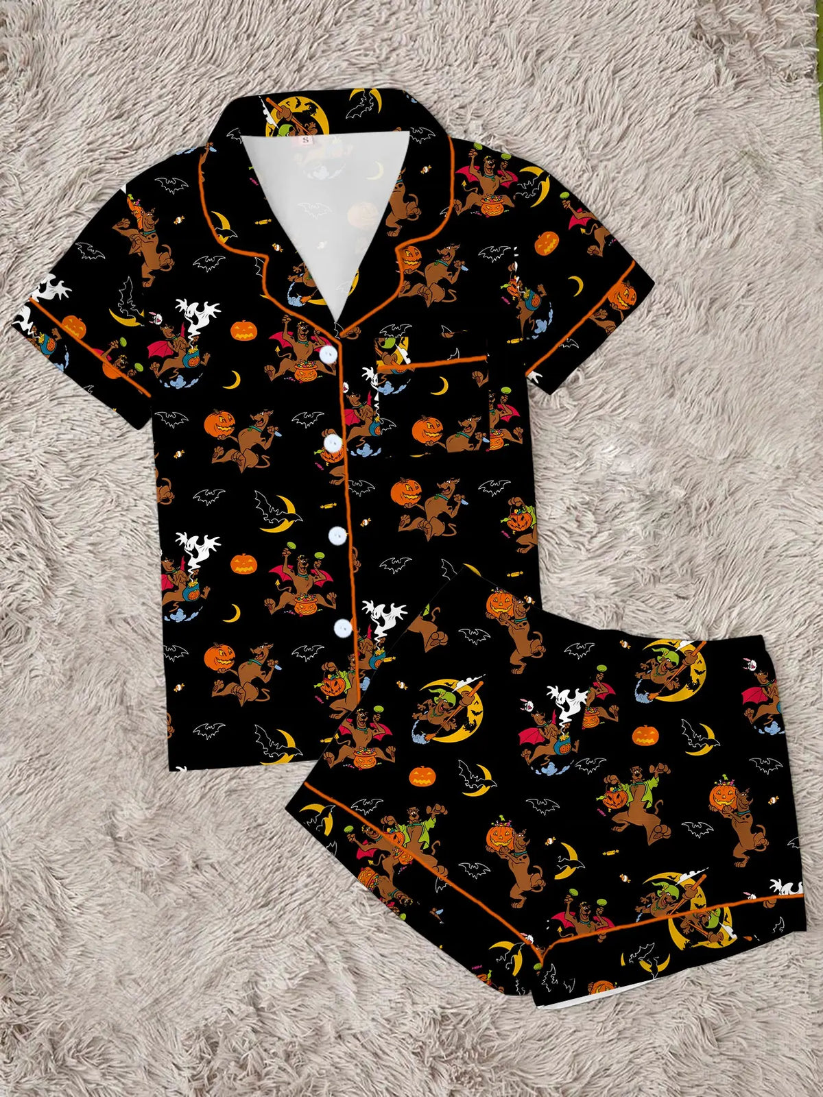 Women's Halloween Pajama Set, Cute Cartoon Pumpkin, Bat, Ghost & Animal Print, 2-Piece Short-Sleeve Sleepwear Loungewear, Fitted for All Seasons, Pyjamas Set
