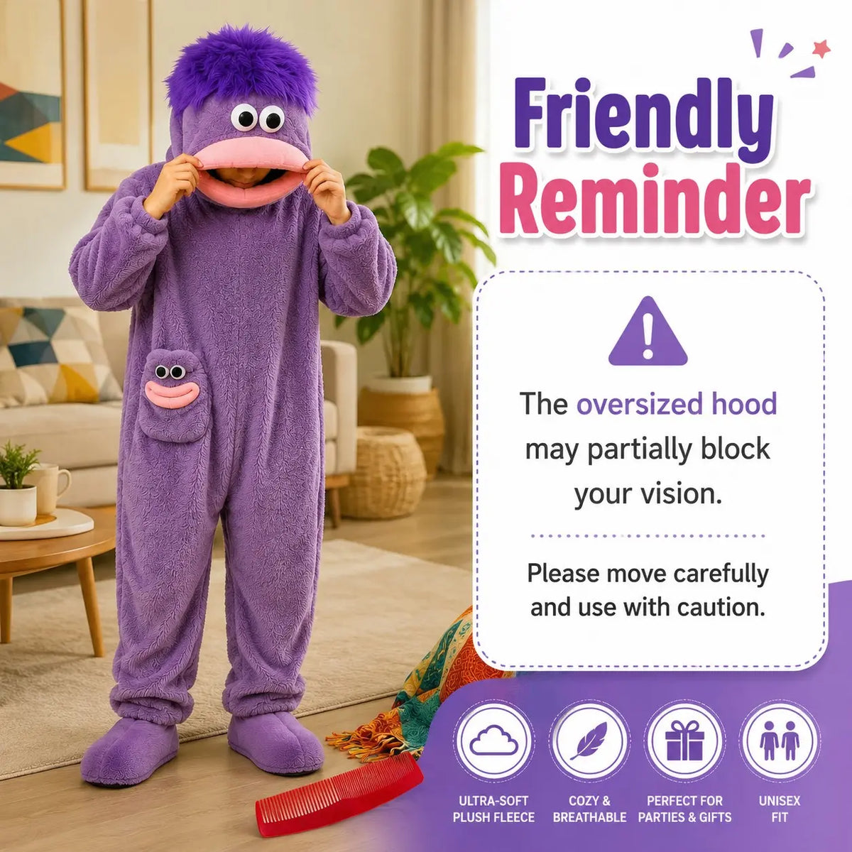 2026 Adult Polyester Plush Hooded Party Onesie, Soft Fleece Long-Sleeve Full-Body Funwear, Cute Face Pocket, Movable Puppet Mouth Monster Design, Festive Photo Apparel for Holidays & Gatherings (All-Season)