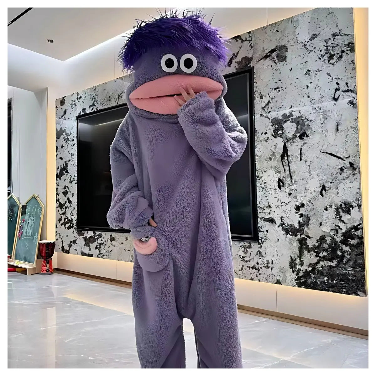 Adults Big Mouth Monster Onesie Pajamas, Oversized Hooded Plush Fleece Character Jumpsuit, Cozy One-Piece Loungewear for Sleepovers and Seasonal Gatherings, Matching Foot Covers and Comb Set
