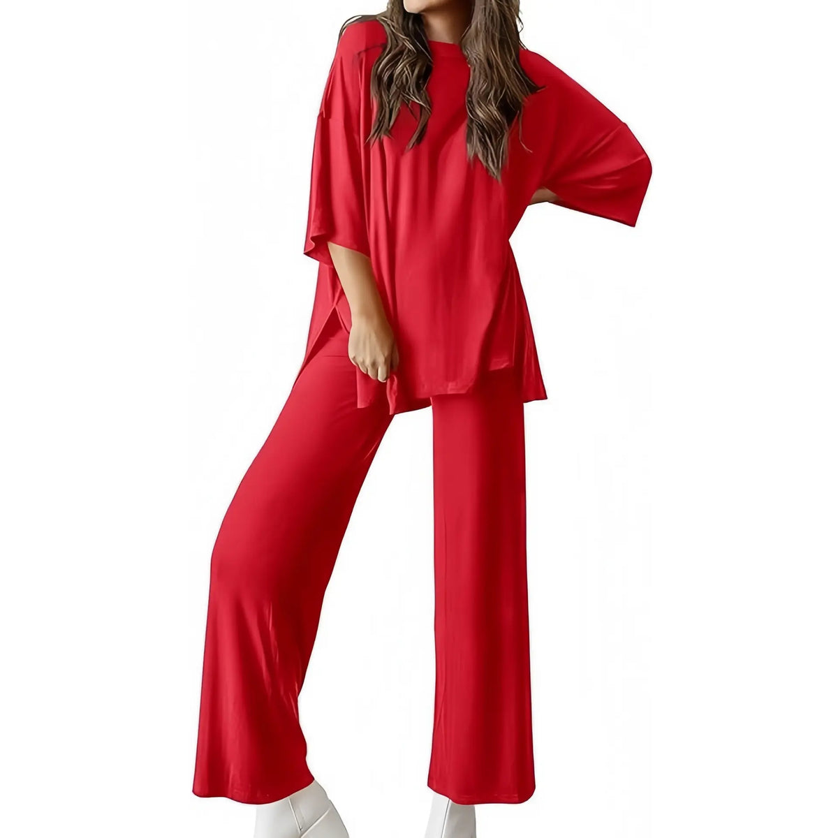 PHEFEE 2 Piece Outfits for Women Loungewear Sets Oversized Short Sleeve Top Wide Leg Pants Casual Matching Sets Soft Milk Silk,sohochic