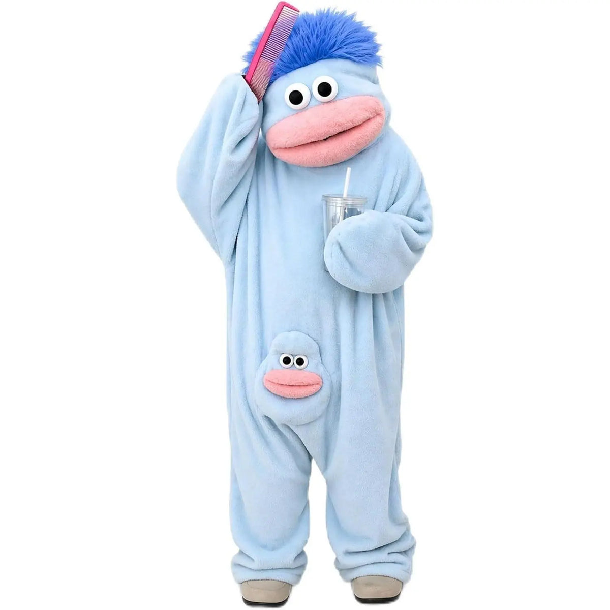 Black Big Mouth Character Onesie for Adults, One-Piece Pajama Costume with Cream Shaggy Hair, Bright Red Fabric Lips, Rounded Sleeve Ends and Matching Face Pocket for Halloween, Sleepovers and Funny Photos