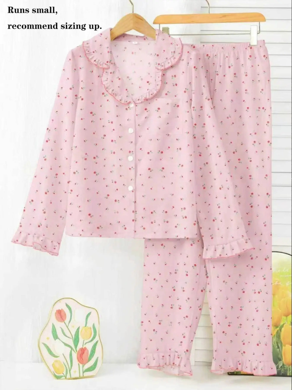 Women's Sleepwear Pajama Loungewear Set, Ditsy Floral Pattern Long Sleeve Ruffled Open Front Top & Matching Pants, Elegant Homewear, Casual, 2 Piece, Pyjamas