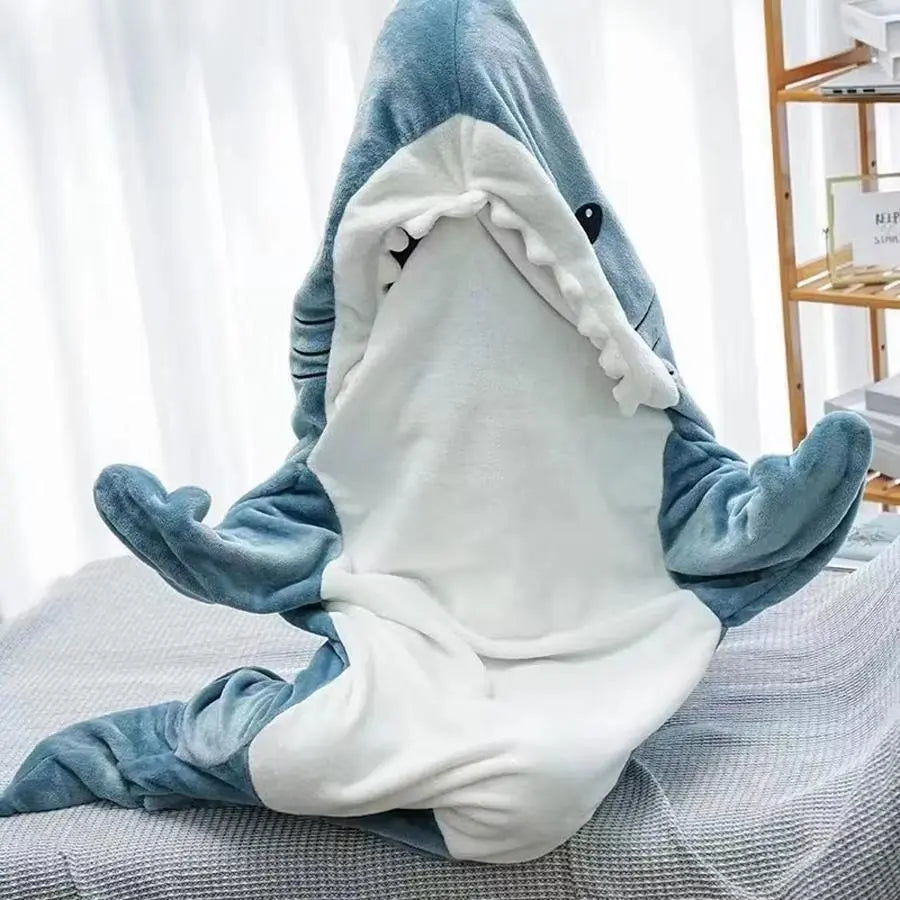 Cartoon Shark Sleep Bag Animal Onesie Flannel Shark Home Wear Loungewear Blue, Comfortable Fit Loose Oversized All-In-One Pajamas for Kids & Adults, Nightwear, Homewear, Sleeping Bag