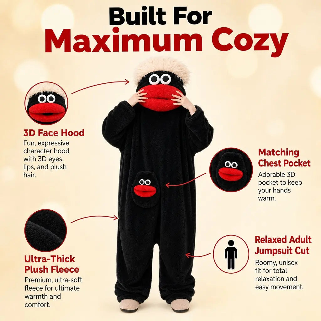 Black Big Mouth Character Onesie for Adults, One-Piece Pajama Costume with Cream Shaggy Hair, Bright Red Fabric Lips, Rounded Sleeve Ends and Matching Face Pocket for Halloween, Sleepovers and Funny Photos