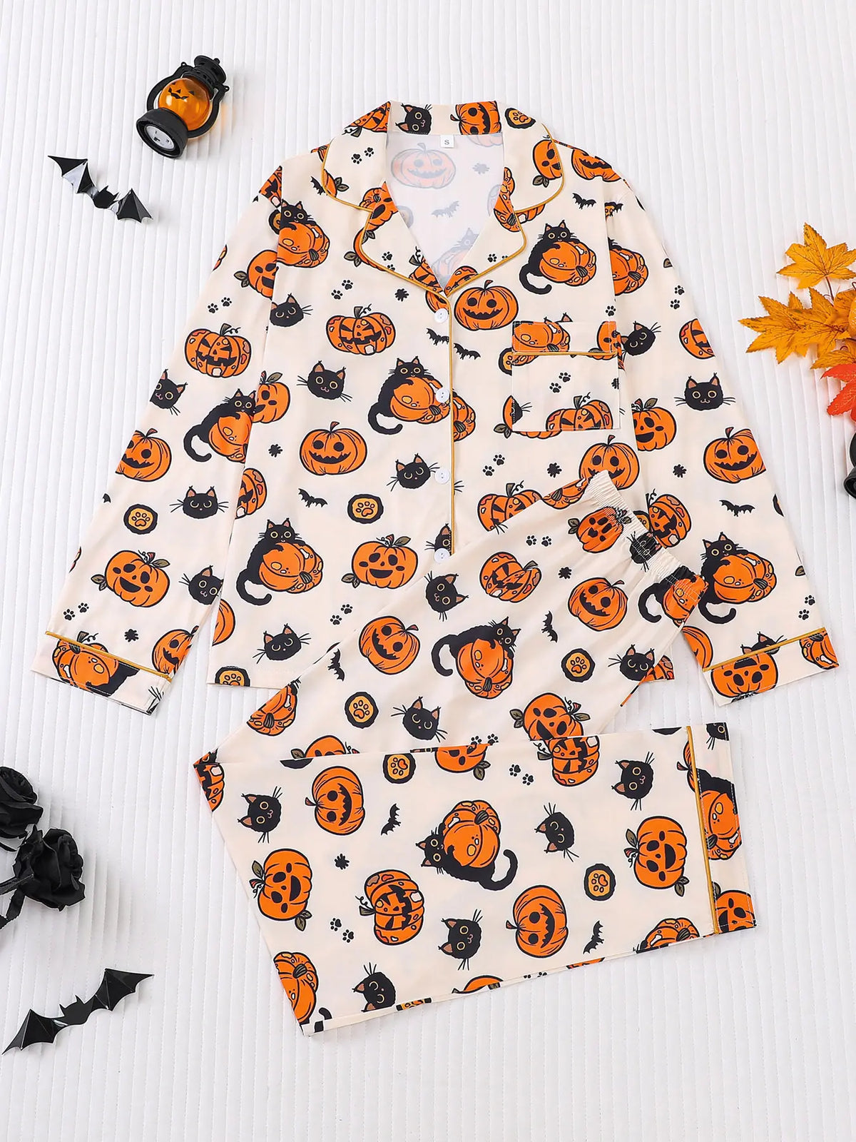 2 pieces of women's Halloween cute pumpkin cat bat printed long sleeved pants pajamas set with pockets suitable for all seasons, comfortable, trendy, energetic, elegant and casual home wear