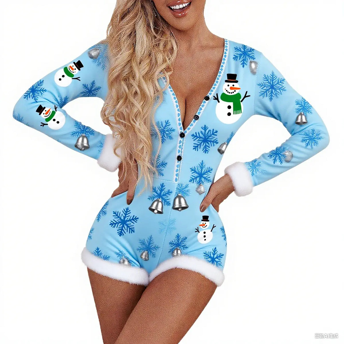Women's Valentine's Heart Print Romper, Long-Sleeve Button-Front Bodysuit with Faux Fur Trim, Romantic Festive Loungewear for Holiday & Daily Wear Long Sleeve Fur Trim Shorts Sleepwear