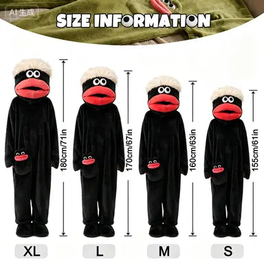 Black Big Mouth Character Onesie for Adults, One-Piece Pajama Costume with Cream Shaggy Hair, Bright Red Fabric Lips, Rounded Sleeve Ends and Matching Face Pocket for Halloween, Sleepovers and Funny Photos