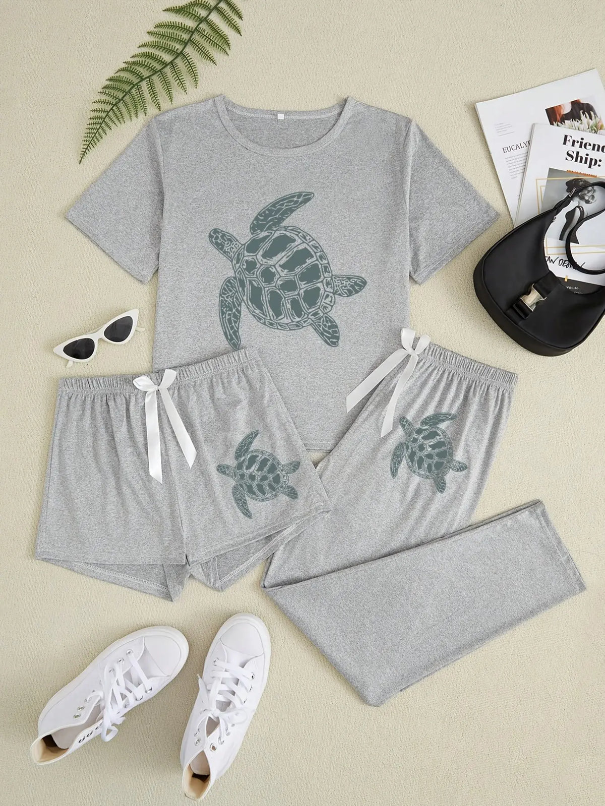 Turtle Three-Piece Home Wear Loungewear Set, Casual Loose-Fitting Cartoon Pattern, All Seasons Comfortable Sleepwear Pajama, Ideal for Daily Use