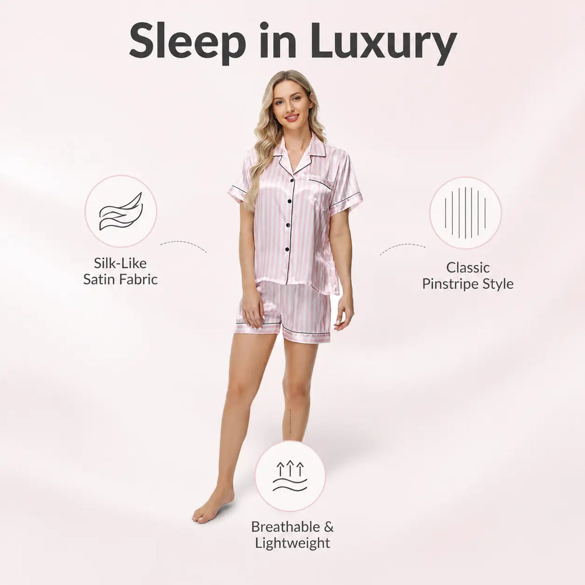 FEITAI Women's 2-Piece Soft Striped Satin Button-Down Short-Sleeve Nightwear Set, Above-the-Knee Pajamas for Casual Loungewear