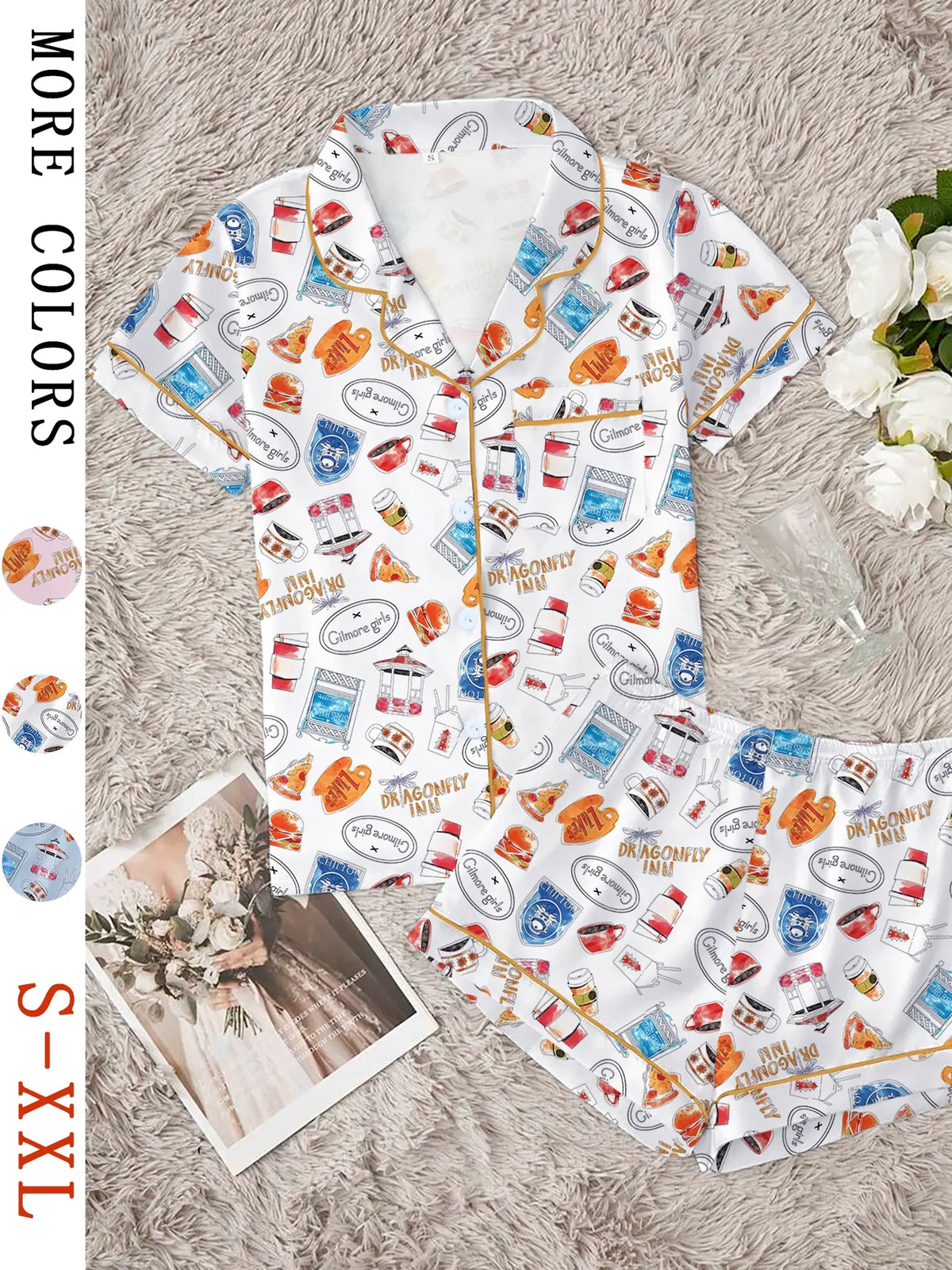 Women's Stars Hollow Gilmore Girls Comfortable Loungewear & Sleepwear Set, Comfy Lounge Set, Two-Piece Short Sleeve Top & Elastic Shorts for All Seasons, Idea Gift