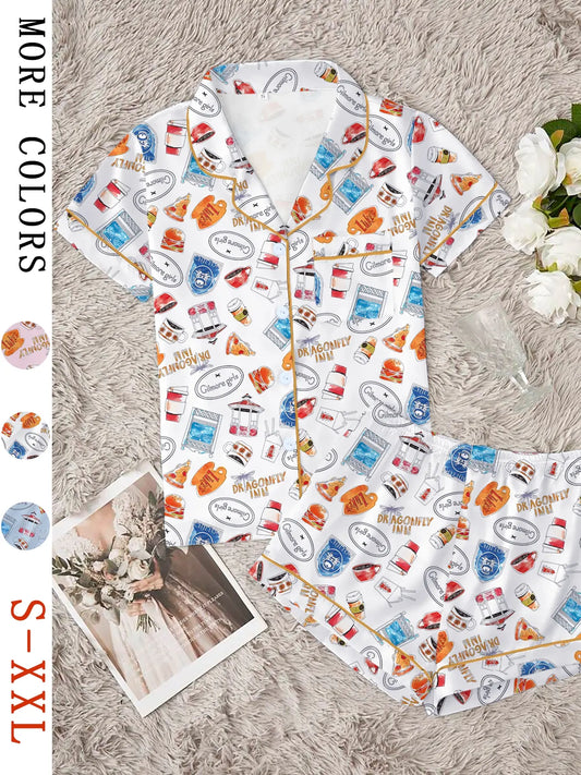 Women's Stars Hollow Gilmore Girls Comfortable Loungewear & Sleepwear Set, Comfy Lounge Set, Two-Piece Short Sleeve Top & Elastic Shorts for All Seasons, Idea Gift