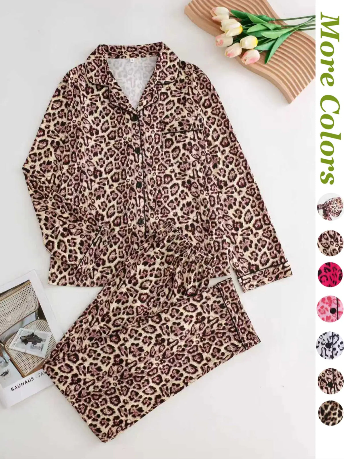 Women's Leopard Print Button Front Pocket Lapel Shirt & Elastic Waist Pants Pyjama Two-piece Set, Pajama Set, Women's Sleepwear for Spring & Fall