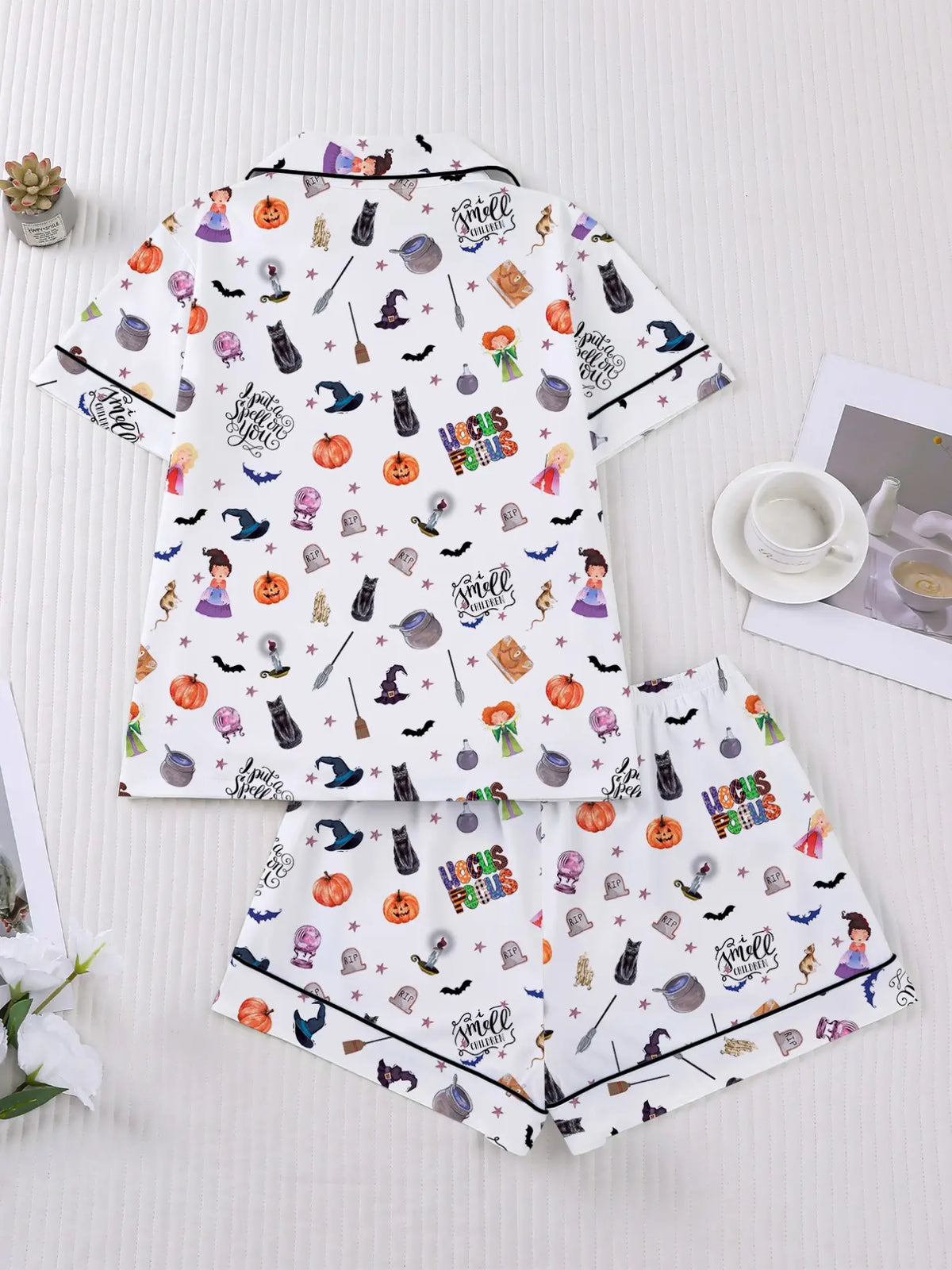 Halloween Cartoon Ghost Pumpkin Pajama Set for Women, Short Sleeve Button Front Top and Elastic Shorts, Comfortable Everyday Home Wear Loungewear