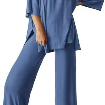 PHEFEE 2 Piece Outfits for Women Loungewear Sets Oversized Short Sleeve Top Wide Leg Pants Casual Matching Sets Soft Milk Silk,sohochic