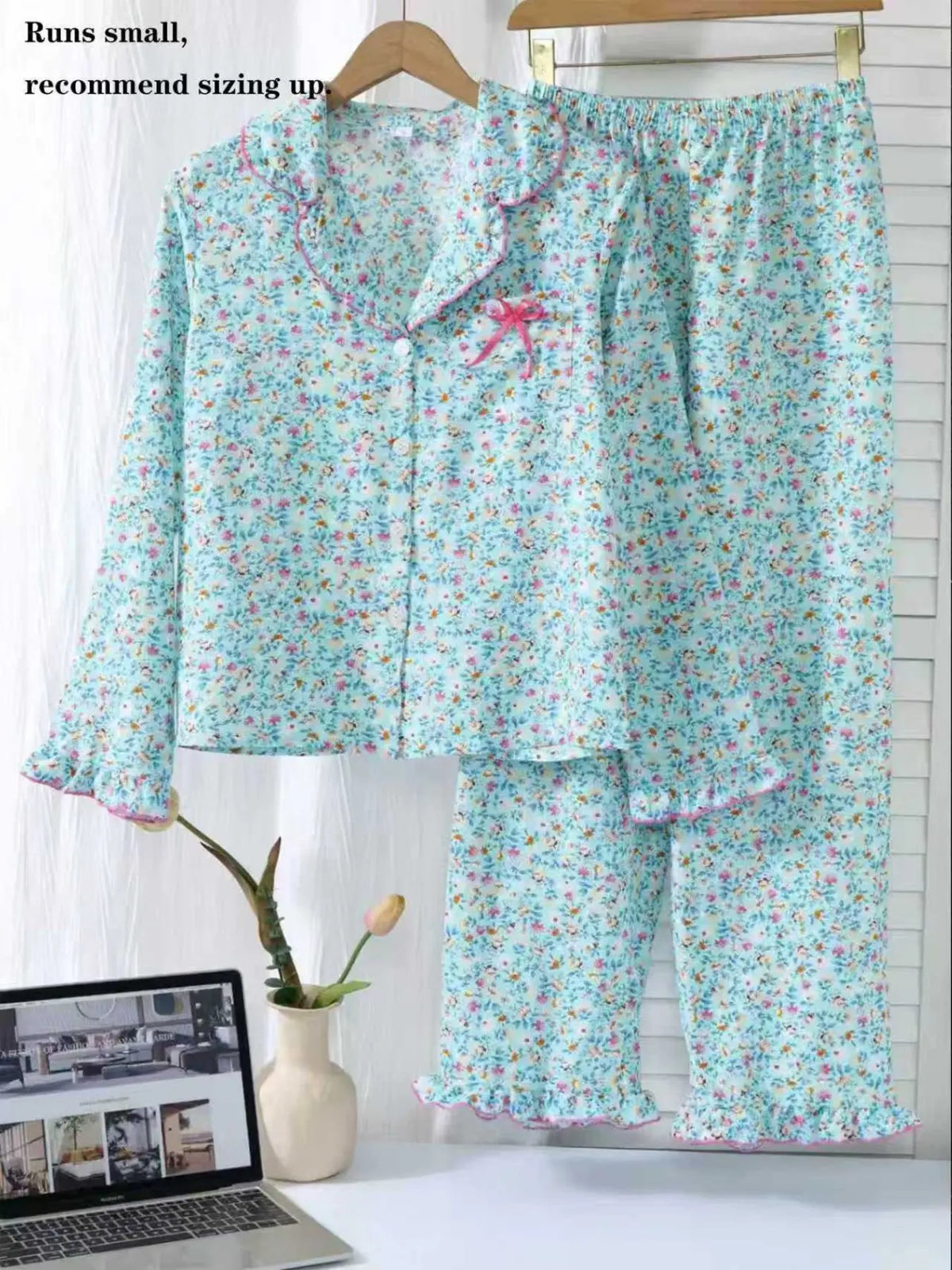 Women's Sleepwear Pajama Loungewear Set, Ditsy Floral Pattern Long Sleeve Ruffled Open Front Top & Matching Pants, Elegant Homewear, Casual, 2 Piece, Pyjamas