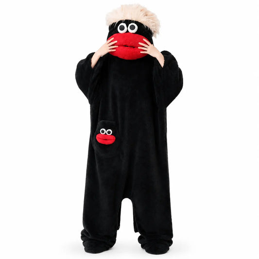 Black Big Mouth Character Onesie for Adults, One-Piece Pajama Costume with Cream Shaggy Hair, Bright Red Fabric Lips, Rounded Sleeve Ends and Matching Face Pocket for Halloween, Sleepovers and Funny Photos