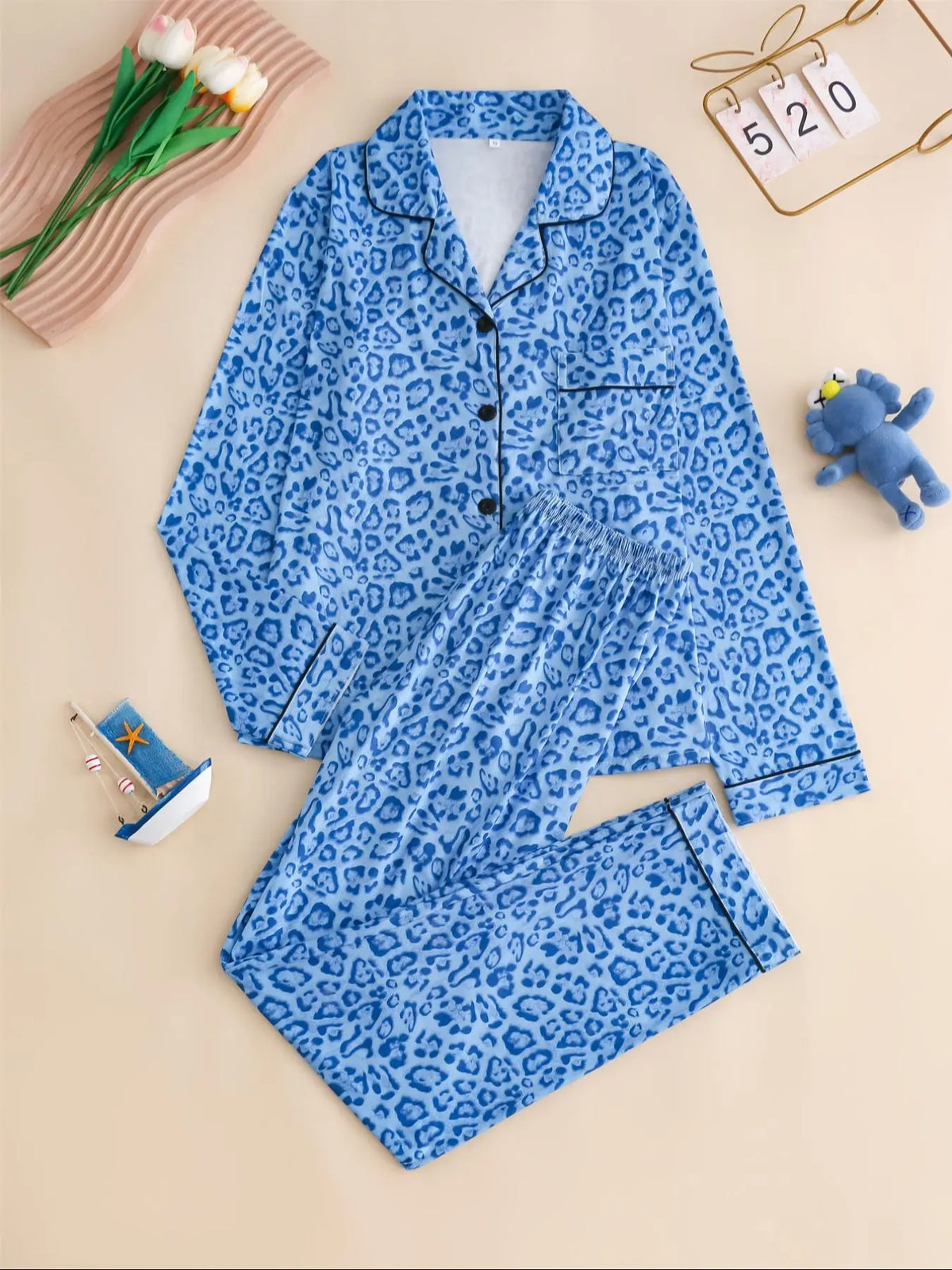 Women's Leopard Print Button Front Pocket Lapel Shirt & Elastic Waist Pants Pyjama Two-piece Set, Pajama Set, Women's Sleepwear for Spring & Fall