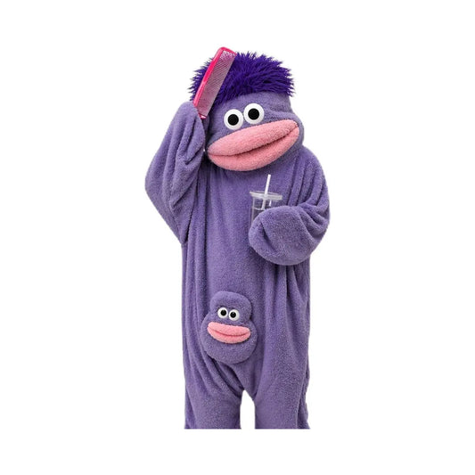Adults Big Mouth Monster Onesie Pajamas, Oversized Hooded Plush Fleece Character Jumpsuit, Cozy One-Piece Loungewear for Sleepovers and Seasonal Gatherings, Matching Foot Covers and Comb Set