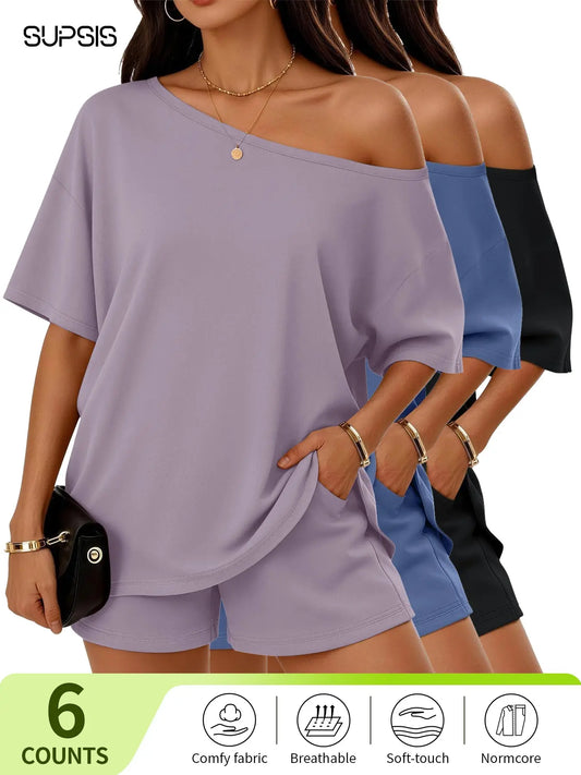 Women's Casual Two-Piece Loungewear Set, Pajama Set, Off-Shoulder Top & Loose-Fitting Elastic Shorts, Summer Nightwear Set