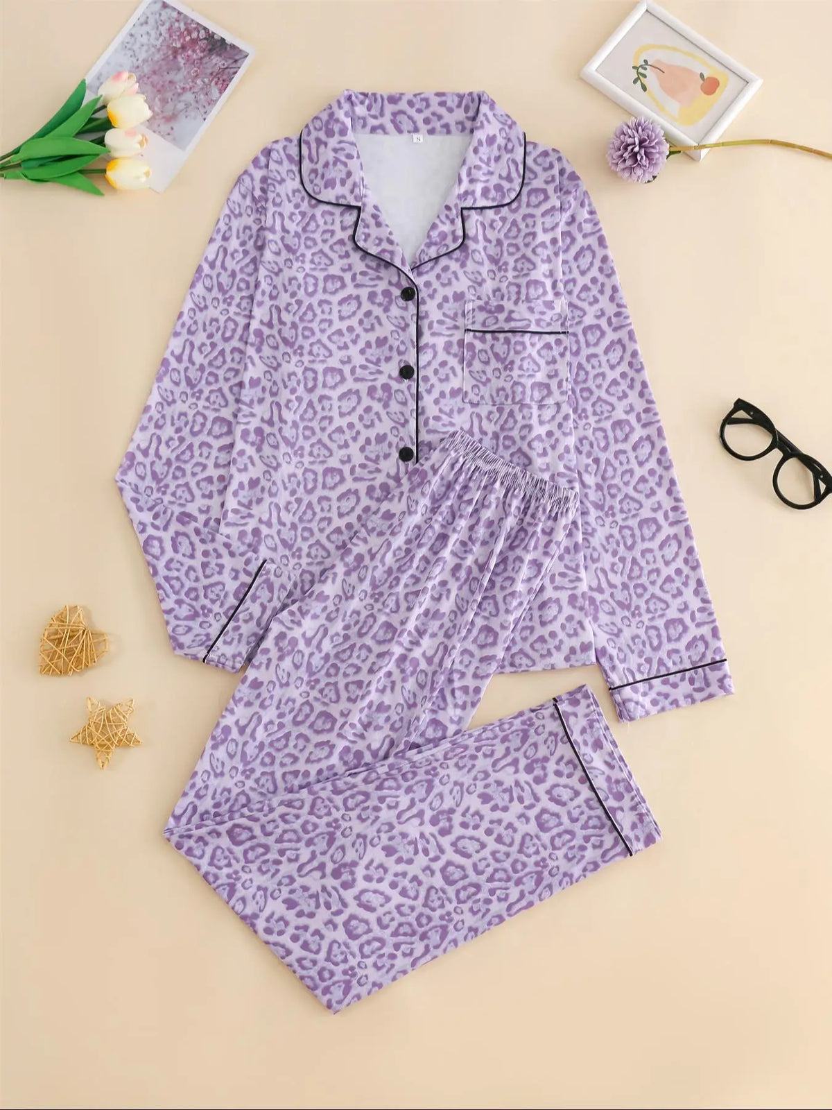 Women's Leopard Print Button Front Pocket Lapel Shirt & Elastic Waist Pants Pyjama Two-piece Set, Pajama Set, Women's Sleepwear for Spring & Fall