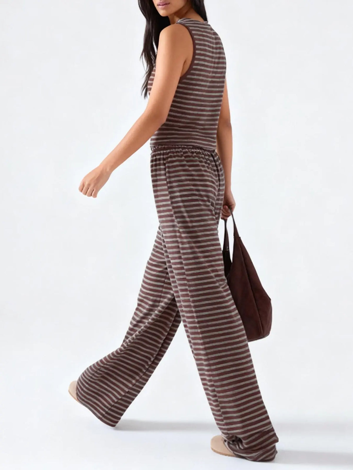 Women's Striped Wide-Leg Sleeveless Fitted Top Pants Set, Casual All Season Loungewear Set, Casual Loose-Fitting Design, Perfect for Daily Wear & Street Style, Comfortable All-Day Use Womenswear