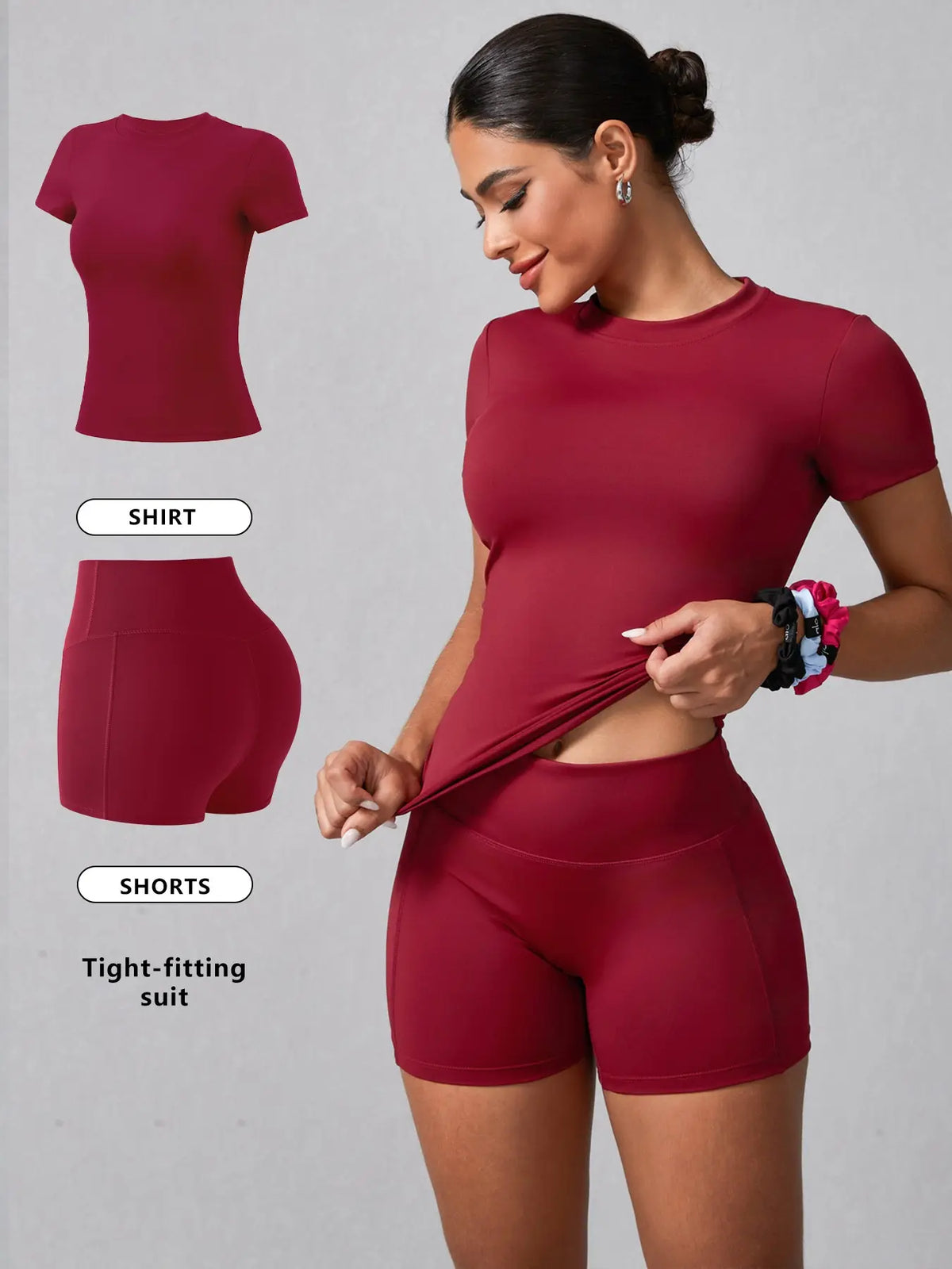 Women's Basic Solid Tee & High Waist Shorts Loungewear, Casual Comfy Round Neck Short Sleeve T-Shirt & Skinny Shorts PJ Set, Ladies Sleepwear for Summer, Pajama, Casual Fitted Sleepwear, Pajama Sets