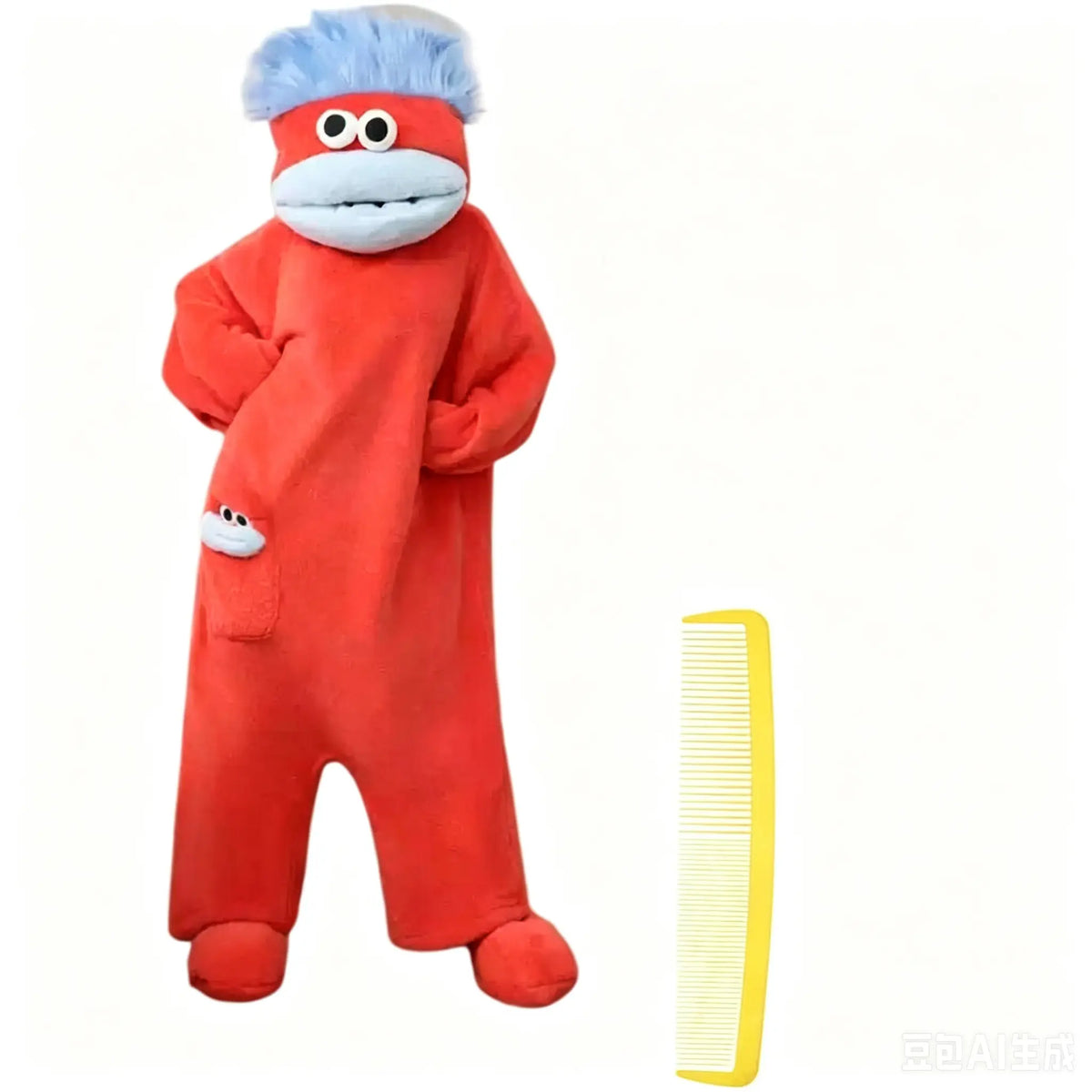 Black Big Mouth Character Onesie for Adults, One-Piece Pajama Costume with Cream Shaggy Hair, Bright Red Fabric Lips, Rounded Sleeve Ends and Matching Face Pocket for Halloween, Sleepovers and Funny Photos